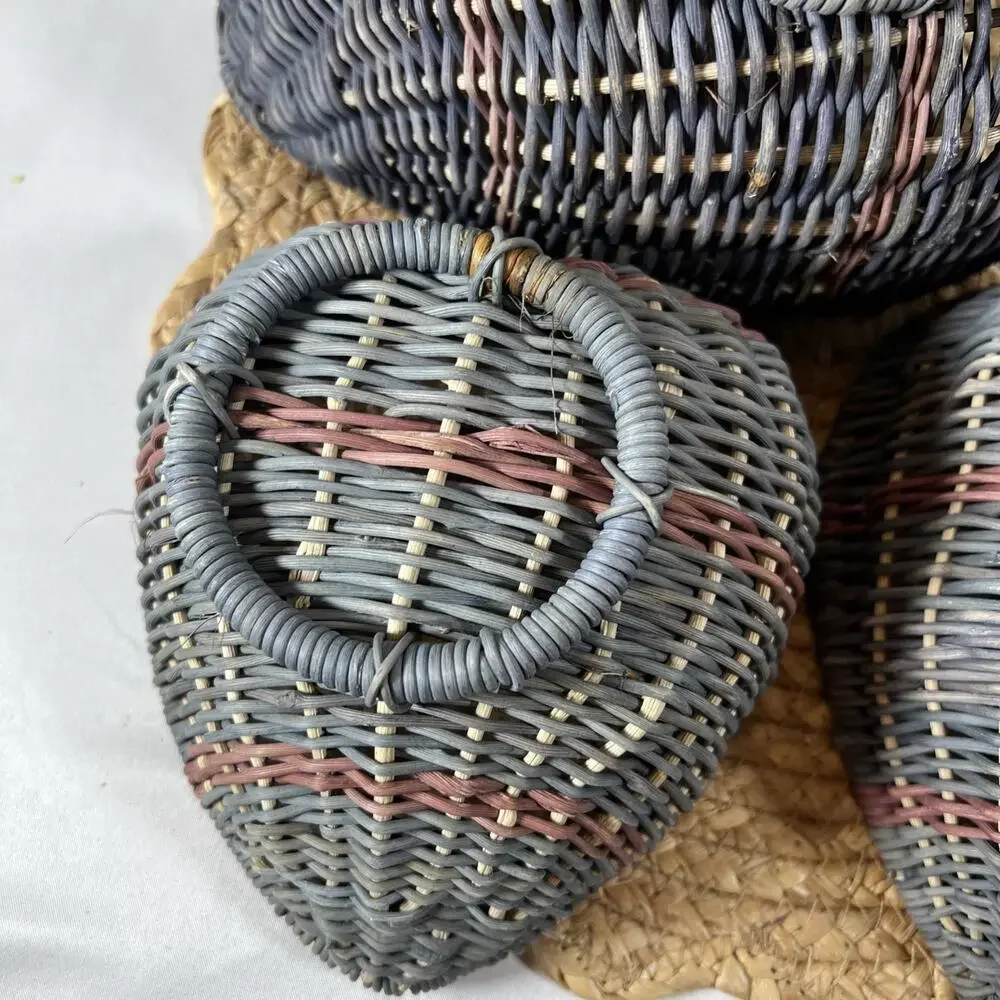 Vintage 80s Heart Wicker Nesting Baskets Set 3 Country Blue Mauve Cottage Decor